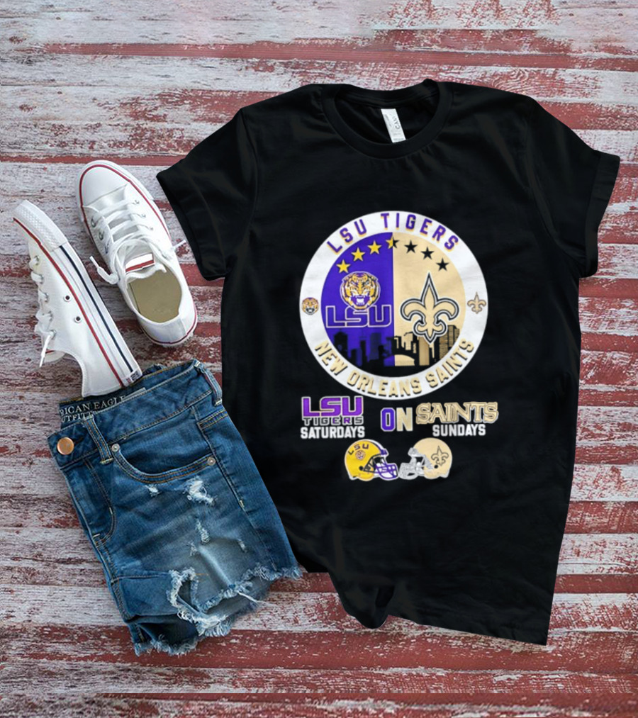 LSU Tigers New Orleans Saints Skyline Helmet Celebration Saturdays Sundays T-Shirt
