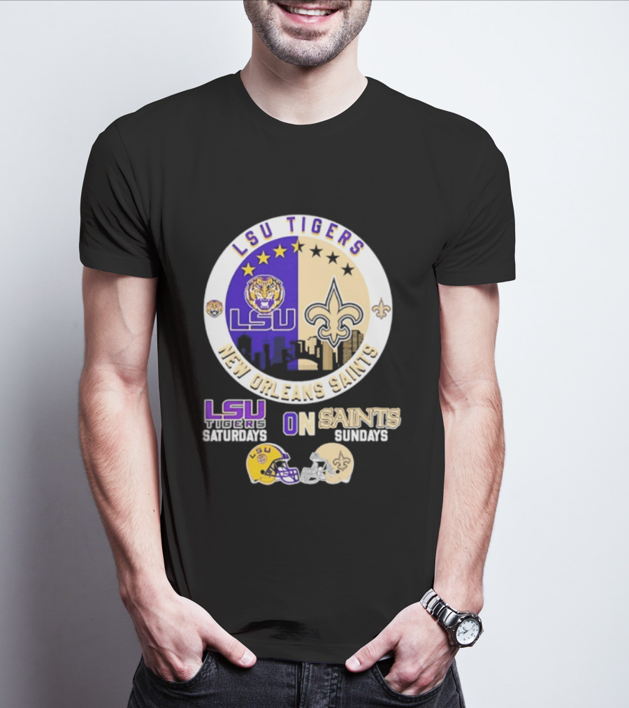 LSU Tigers New Orleans Saints Skyline Helmet Celebration Saturdays Sundays T-Shirt