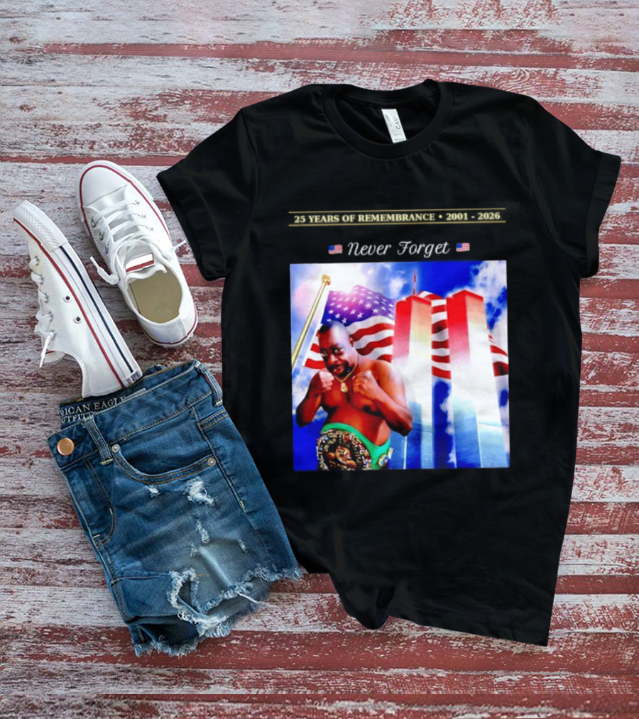 25 Years Of Remembrance 2001 2026 Beetlejuice Never Forget Twin Towers Boxing Belt American Flag T-Shirt