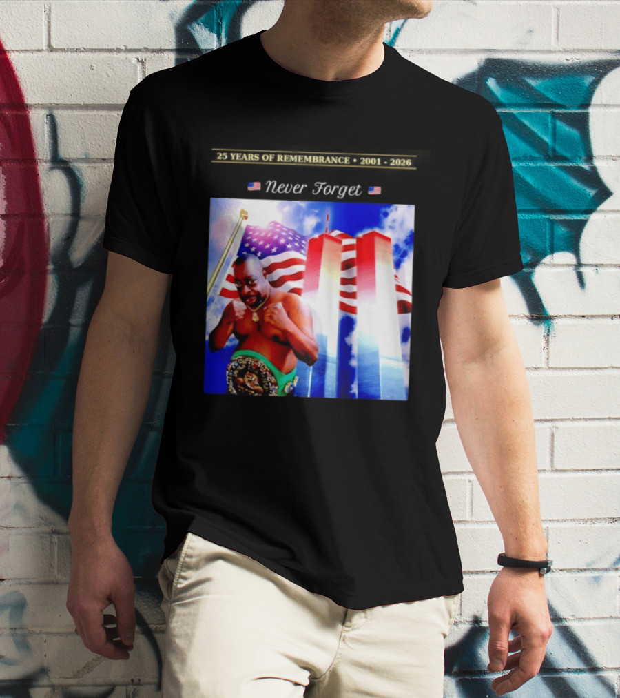 25 Years Of Remembrance 2001 2026 Beetlejuice Never Forget Twin Towers Boxing Belt American Flag T-Shirt