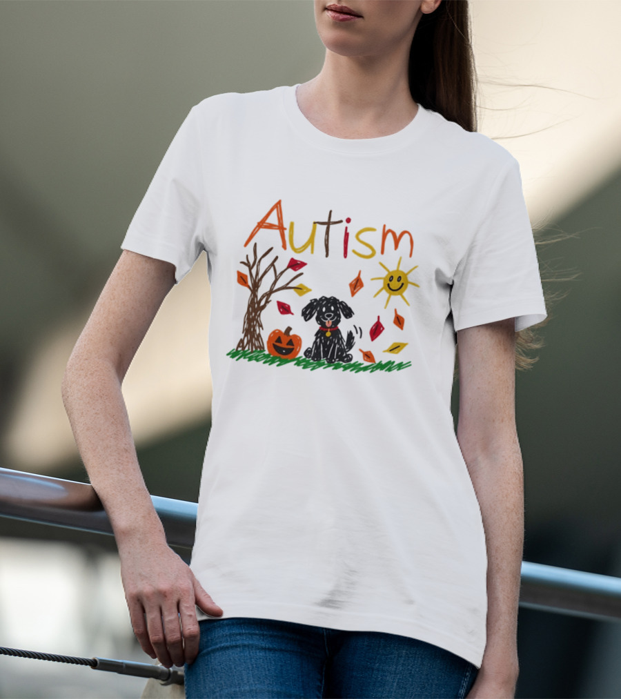 Autism Dog Pumpkin Halloween Fall Leaves Drawing T-Shirt