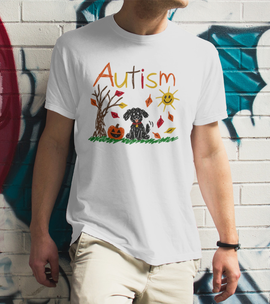 Autism Dog Pumpkin Halloween Fall Leaves Drawing T-Shirt