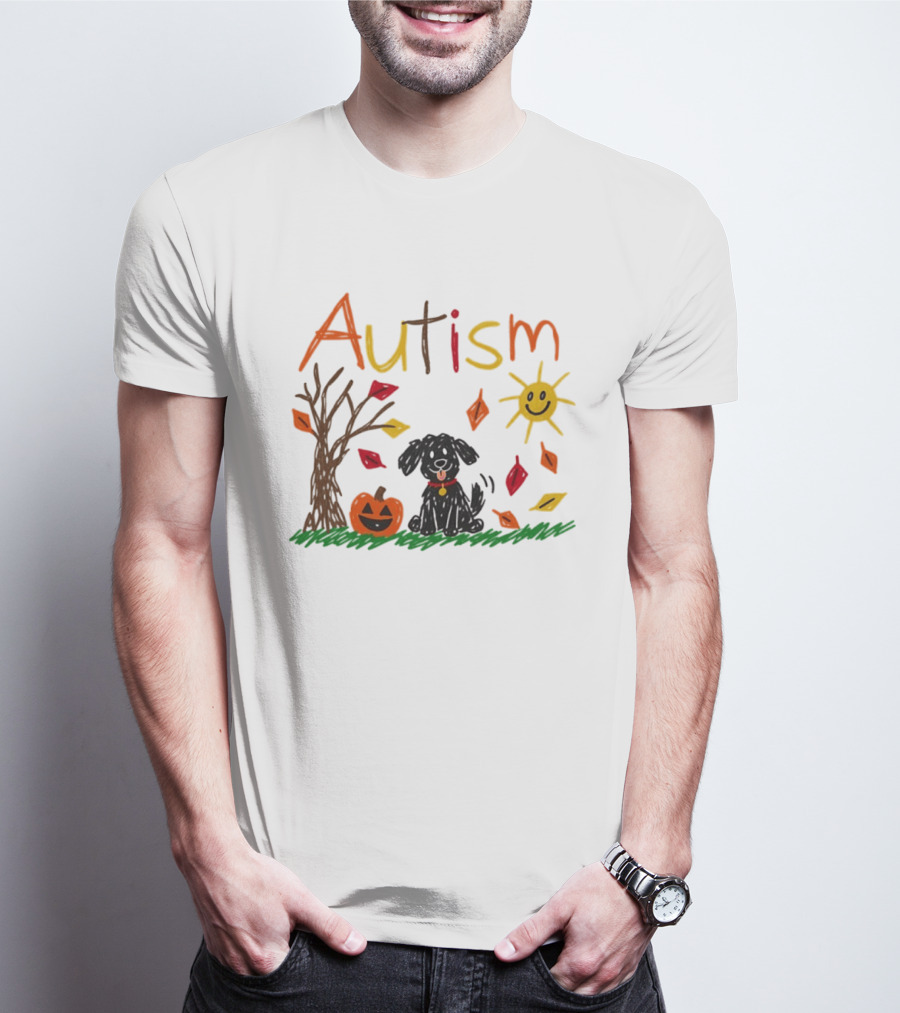 Autism Dog Pumpkin Halloween Fall Leaves Drawing T-Shirt