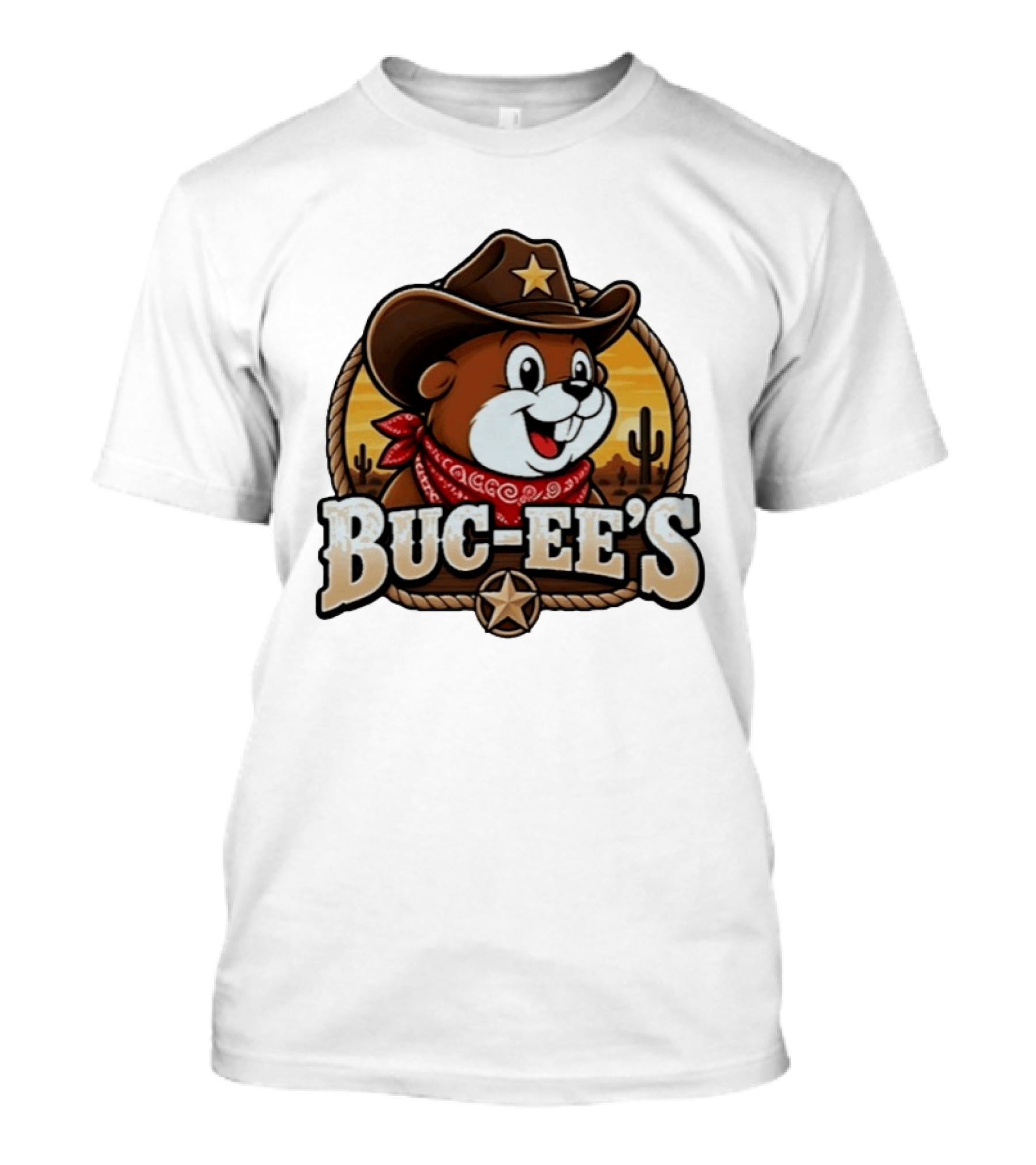 Buc Ee's Cowboy Howdy Beaver Star Bandana Cacti Desert Scene T-Shirt
