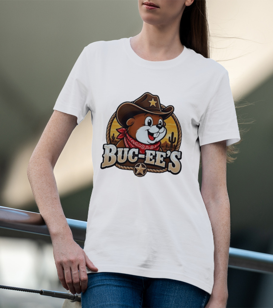 Buc Ee's Cowboy Howdy Beaver Star Bandana Cacti Desert Scene T-Shirt