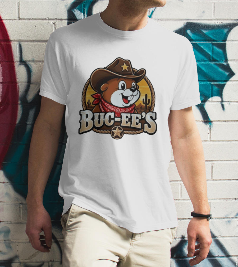 Buc Ee's Cowboy Howdy Beaver Star Bandana Cacti Desert Scene T-Shirt