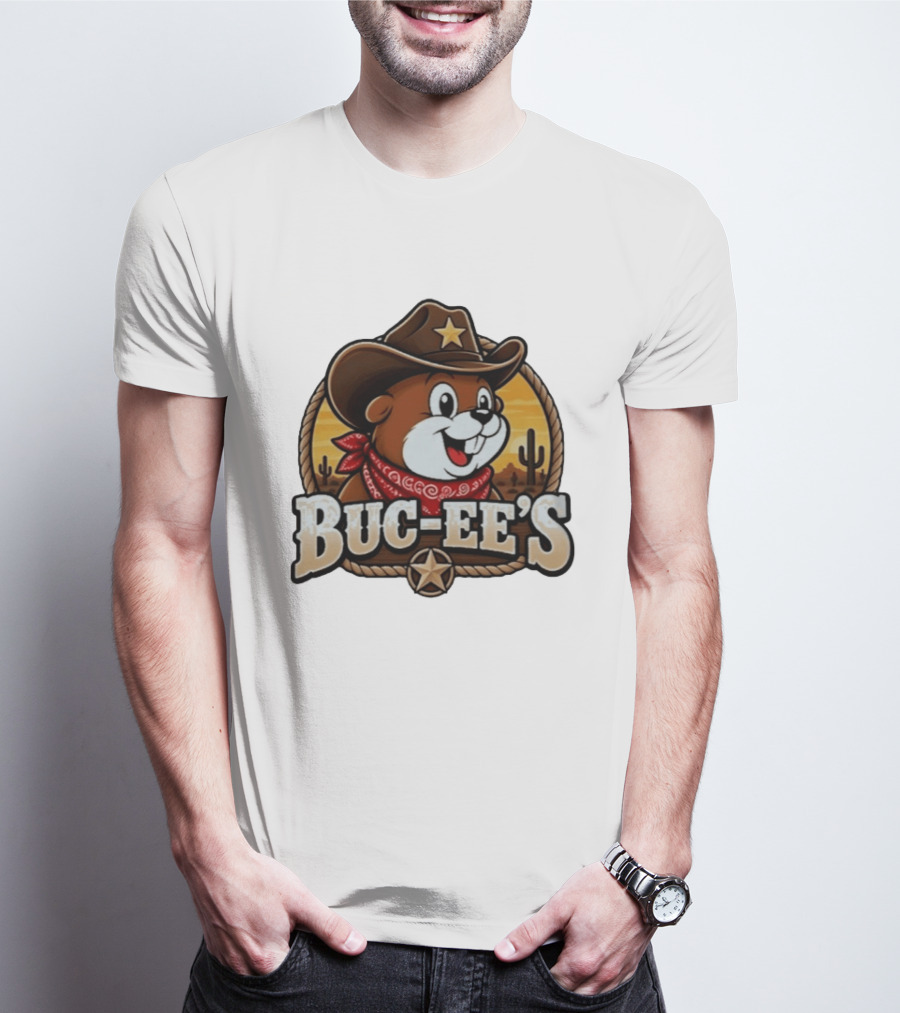 Buc Ee's Cowboy Howdy Beaver Star Bandana Cacti Desert Scene T-Shirt