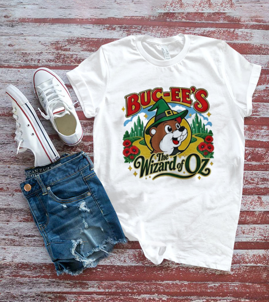 Buc Ee's The Wizard Of Oz Themed Parody With Beaver In Green Hat And Yellow Brick Road T-Shirt