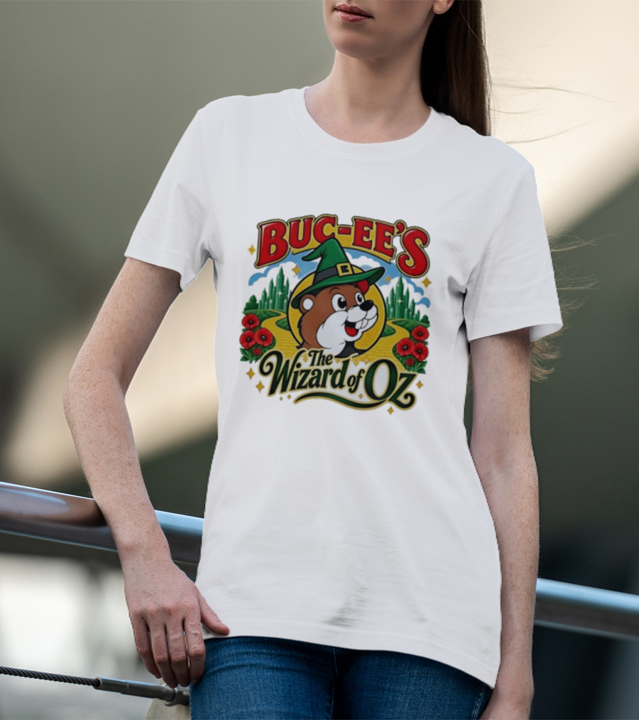 Buc Ee's The Wizard Of Oz Themed Parody With Beaver In Green Hat And Yellow Brick Road T-Shirt