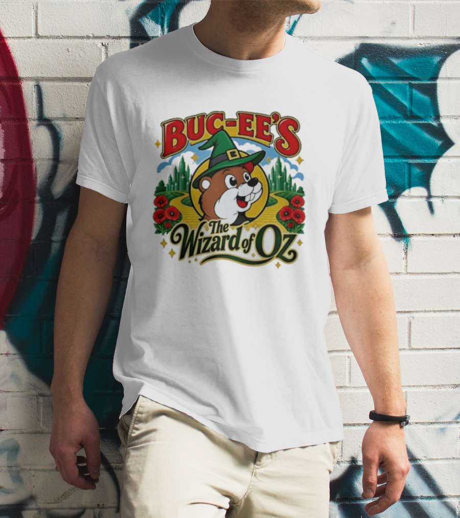 Buc Ee's The Wizard Of Oz Themed Parody With Beaver In Green Hat And Yellow Brick Road T-Shirt