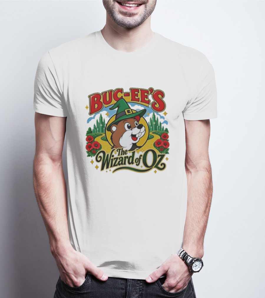 Buc Ee's The Wizard Of Oz Themed Parody With Beaver In Green Hat And Yellow Brick Road T-Shirt