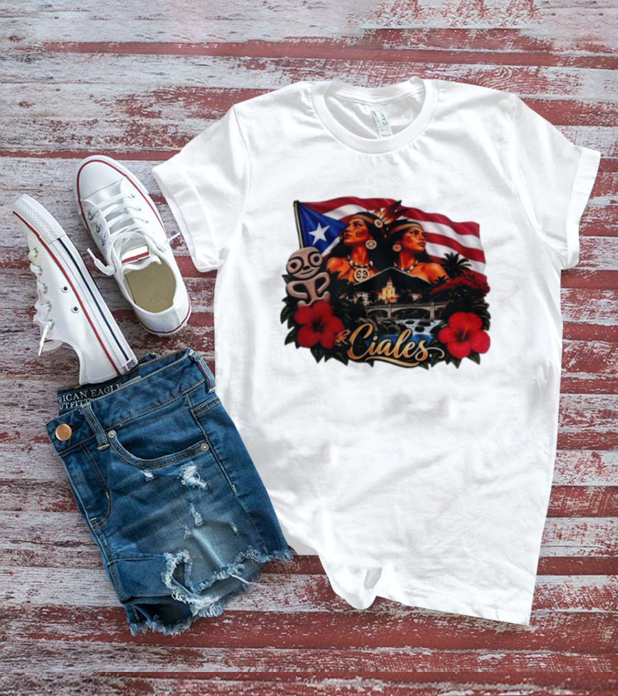 Ciales Puerto Rico Taino Women With Flag Hibiscus Flowers And Indigenous T-Shirt
