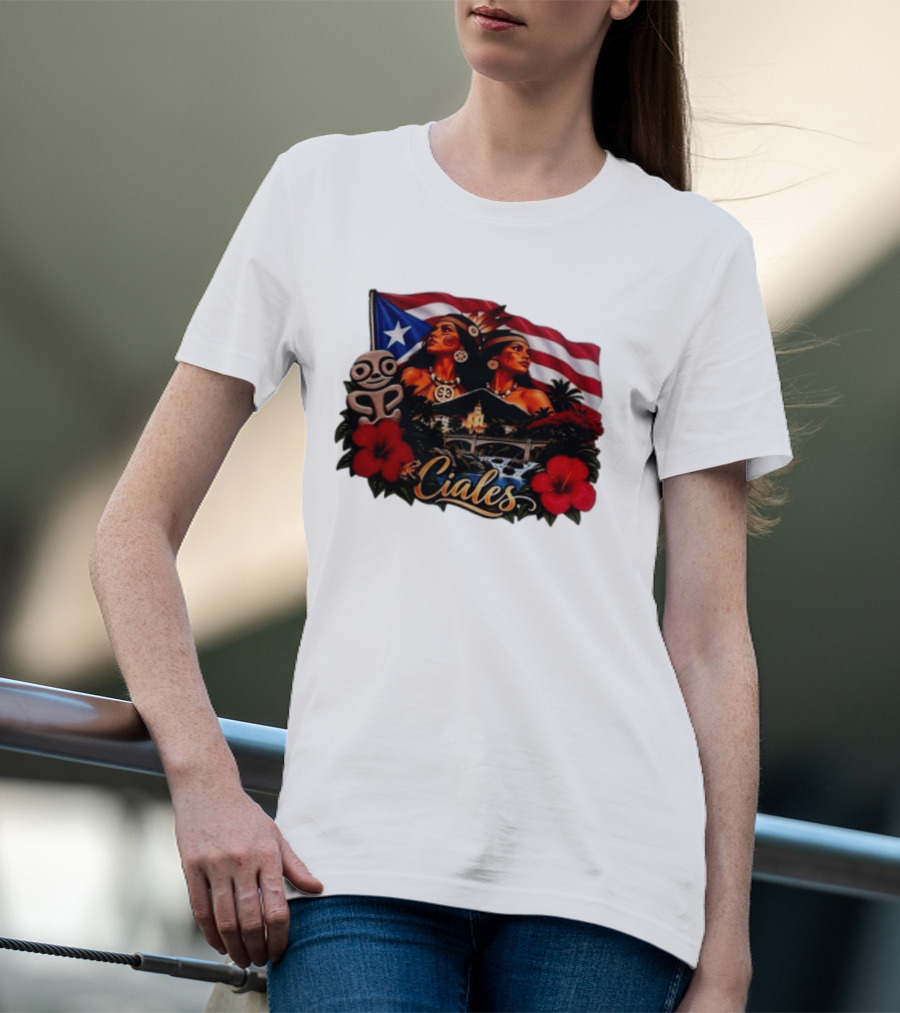 Ciales Puerto Rico Taino Women With Flag Hibiscus Flowers And Indigenous T-Shirt