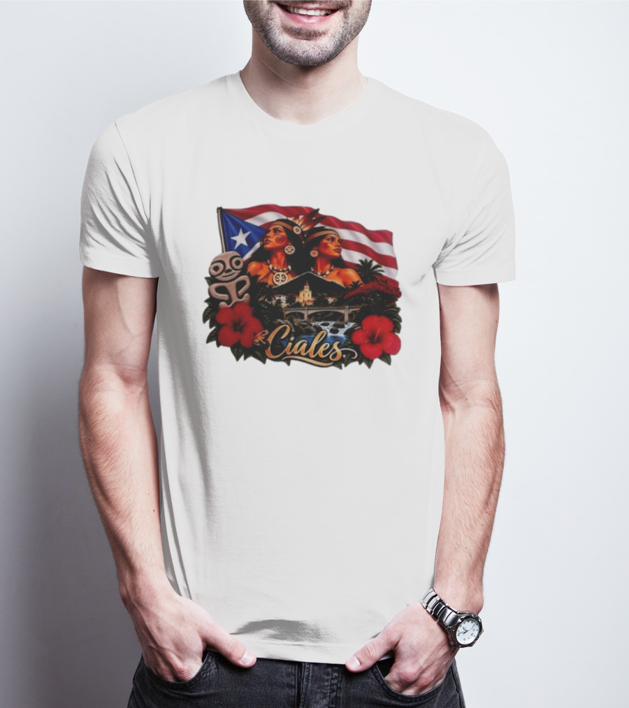 Ciales Puerto Rico Taino Women With Flag Hibiscus Flowers And Indigenous T-Shirt