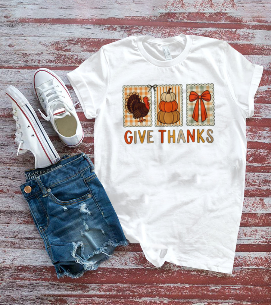 Thanksgiving Give Thanks Turkey Pumpkin Bow Harvest Celebration T-Shirt