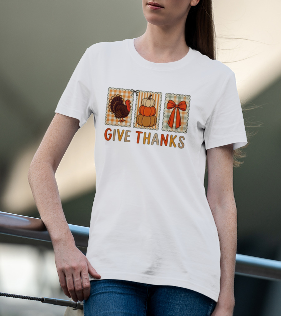 Thanksgiving Give Thanks Turkey Pumpkin Bow Harvest Celebration T-Shirt