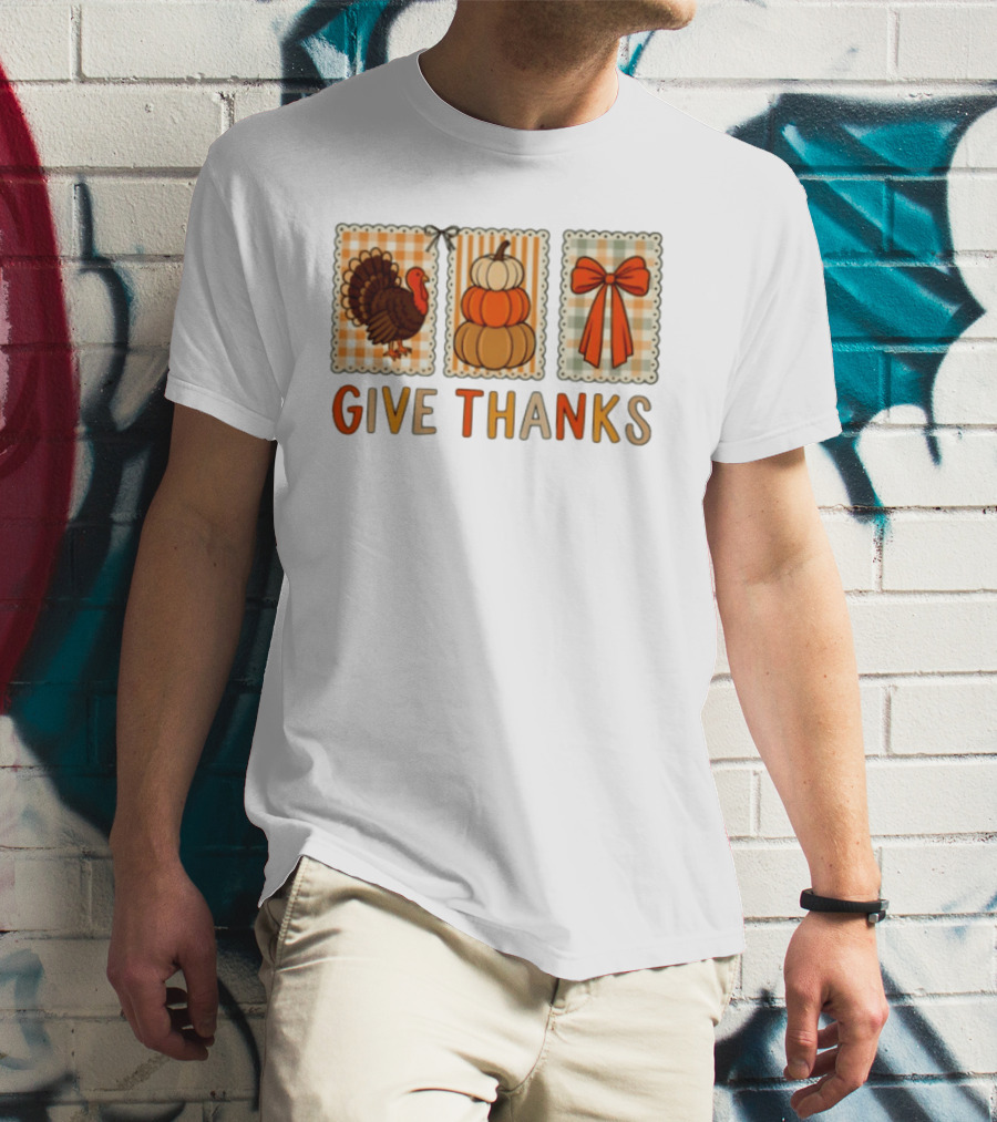 Thanksgiving Give Thanks Turkey Pumpkin Bow Harvest Celebration T-Shirt