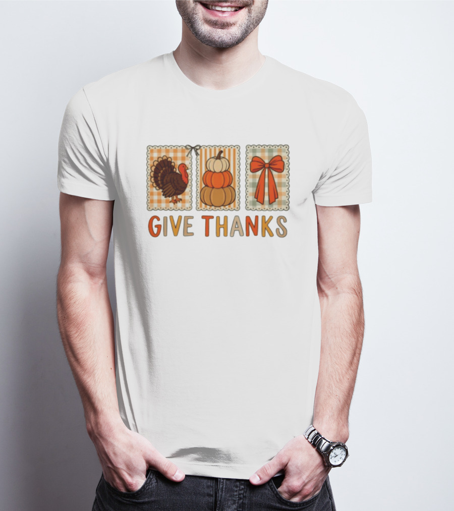 Thanksgiving Give Thanks Turkey Pumpkin Bow Harvest Celebration T-Shirt