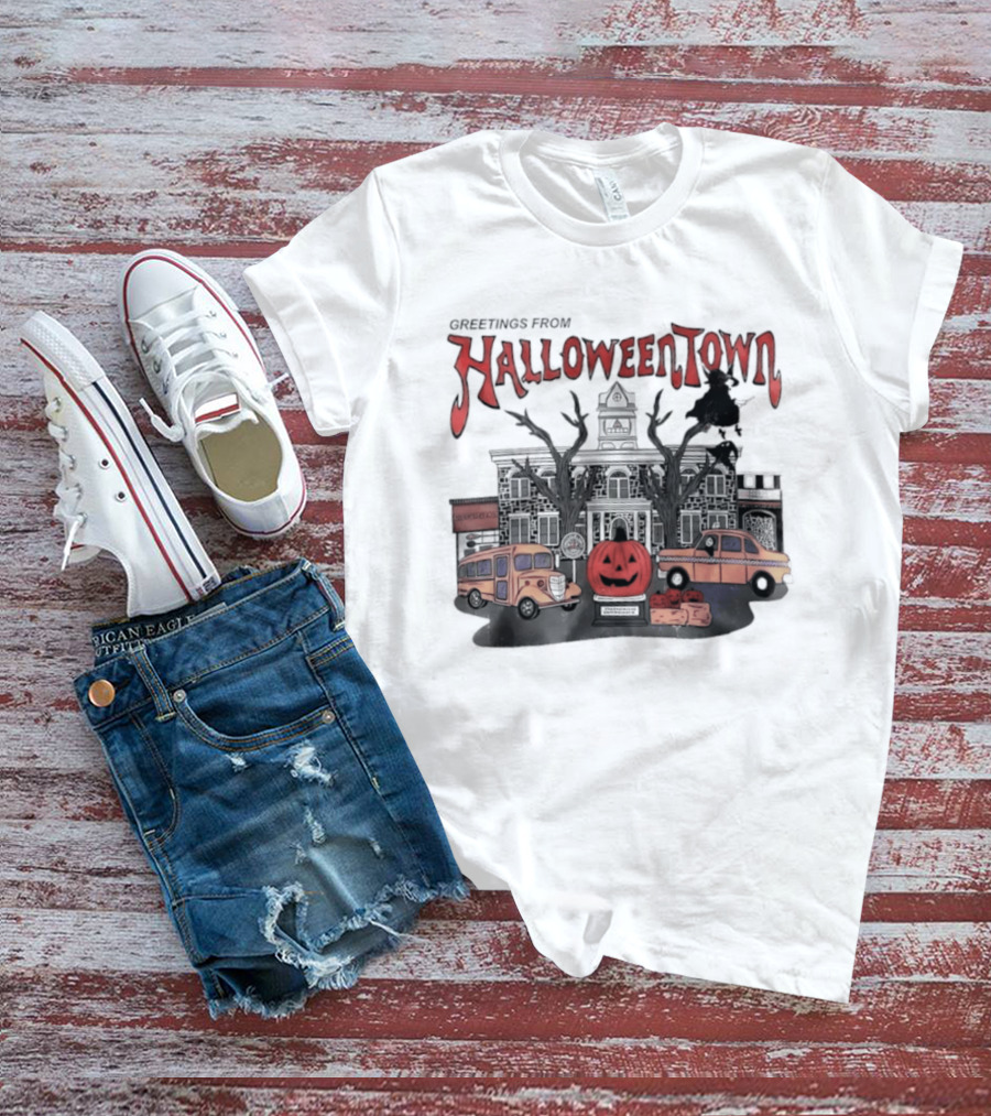 Greetings From Halloweentown Pumpkin Bus Witches Taxi T-Shirt
