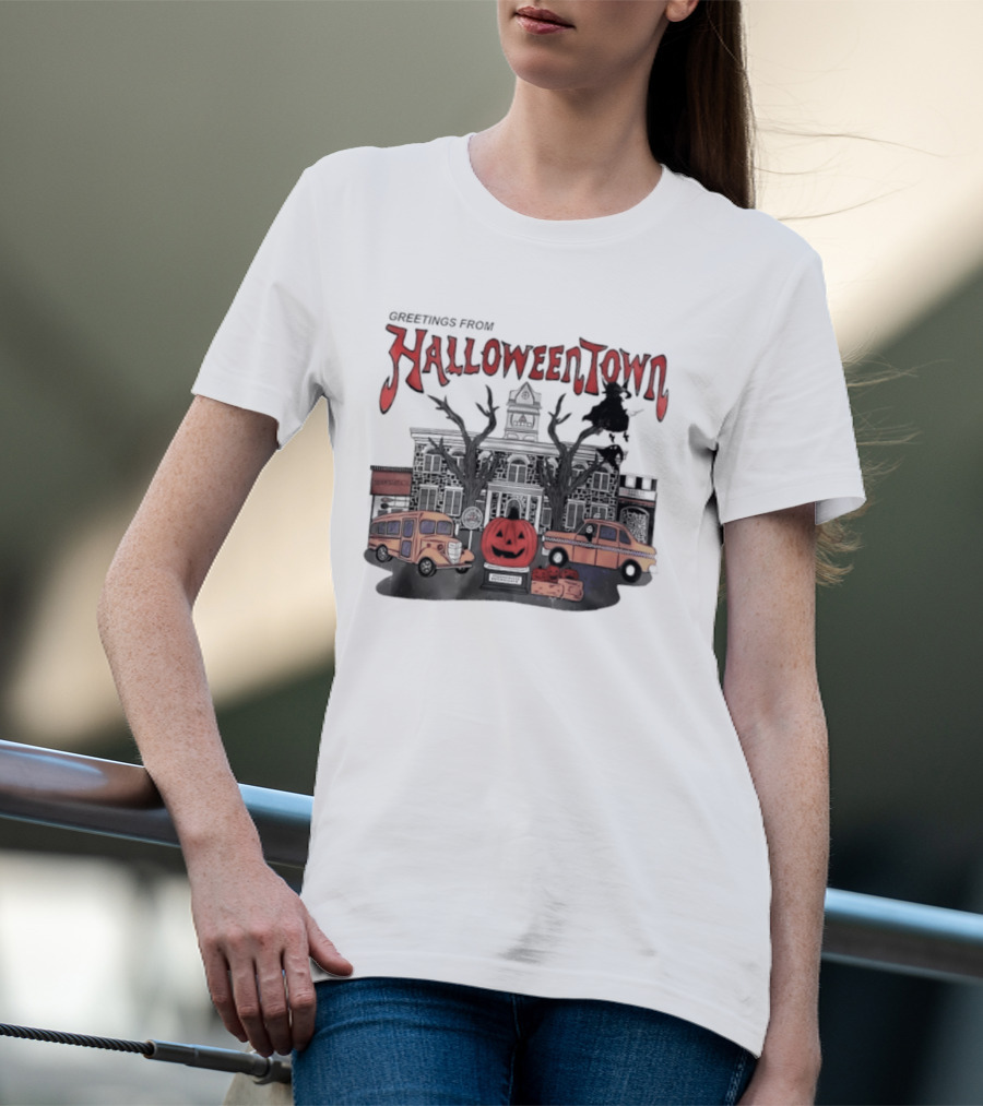 Greetings From Halloweentown Pumpkin Bus Witches Taxi T-Shirt