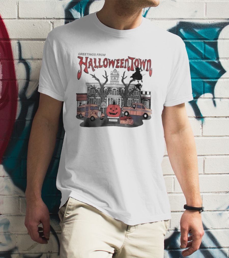 Greetings From Halloweentown Pumpkin Bus Witches Taxi T-Shirt