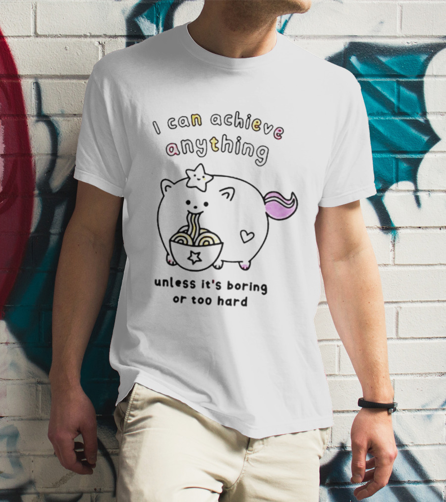 I Can Achieve Anything Cute Starry Cat Eating Noodles Unless It's Boring Or Too Hard T-Shirt