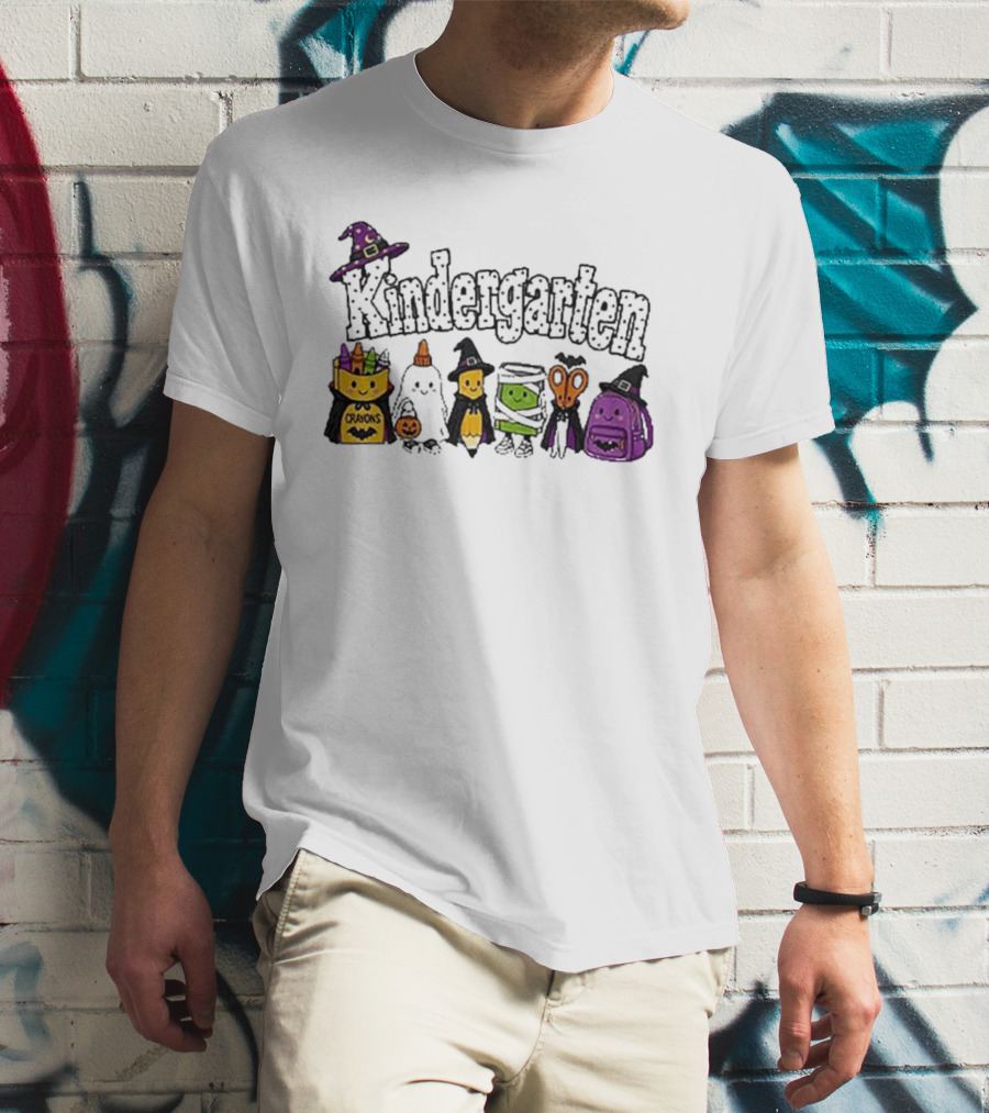Kindergarten Crayons Ghost Bat Pumpkin Mummy Scissors Backpack Halloween T-Shirt
