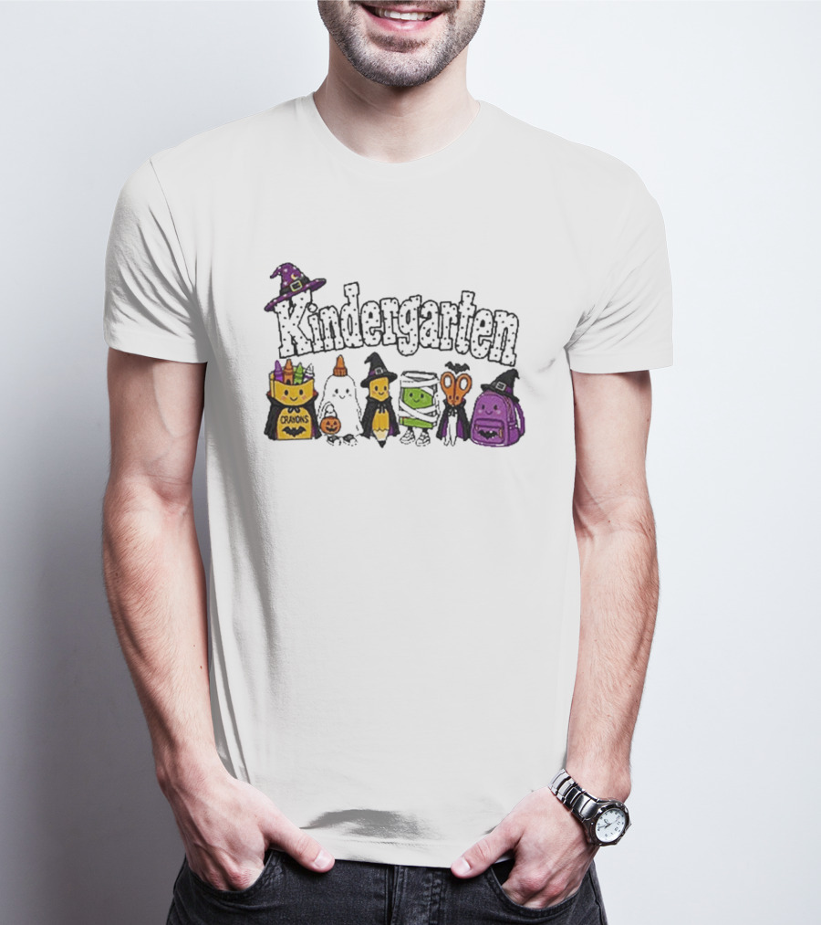 Kindergarten Crayons Ghost Bat Pumpkin Mummy Scissors Backpack Halloween T-Shirt