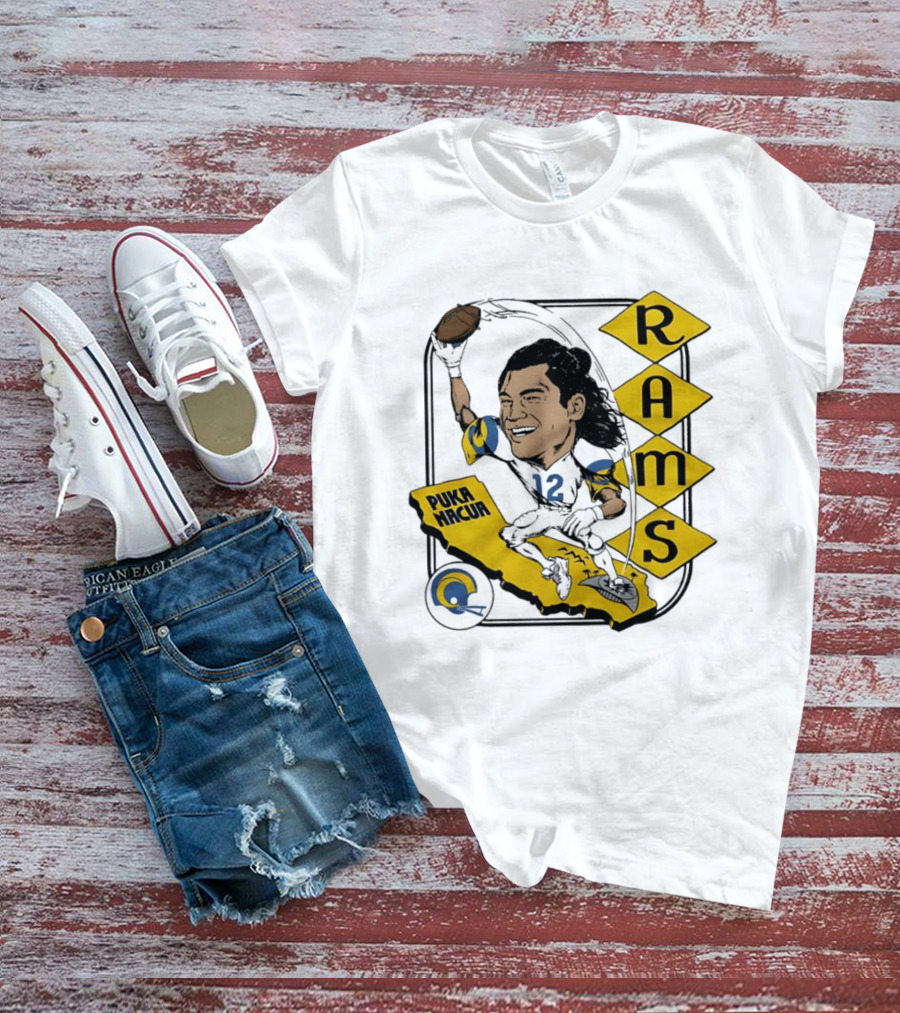 Los Angeles Rams Puka Nacua Caricature Football Player California Map T-Shirt