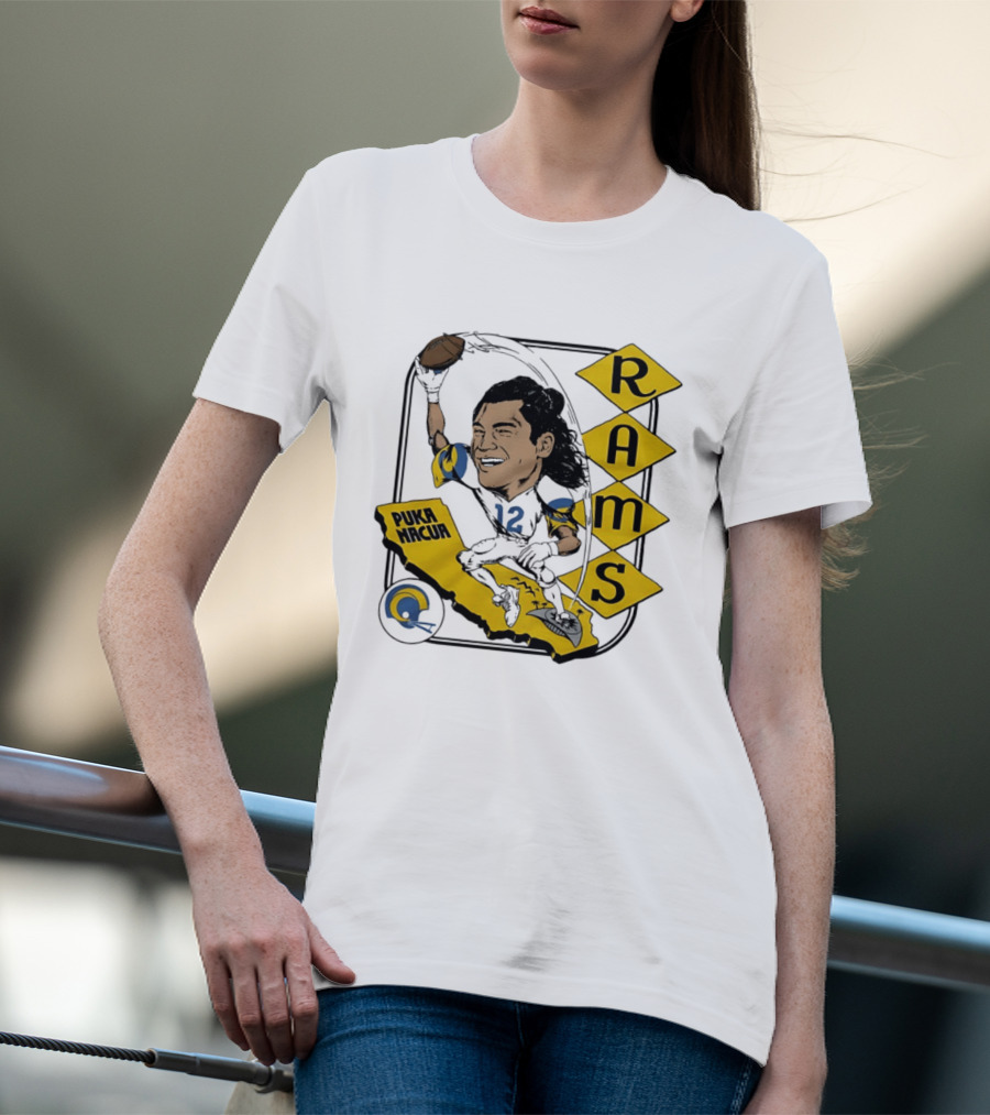 Los Angeles Rams Puka Nacua Caricature Football Player California Map T-Shirt
