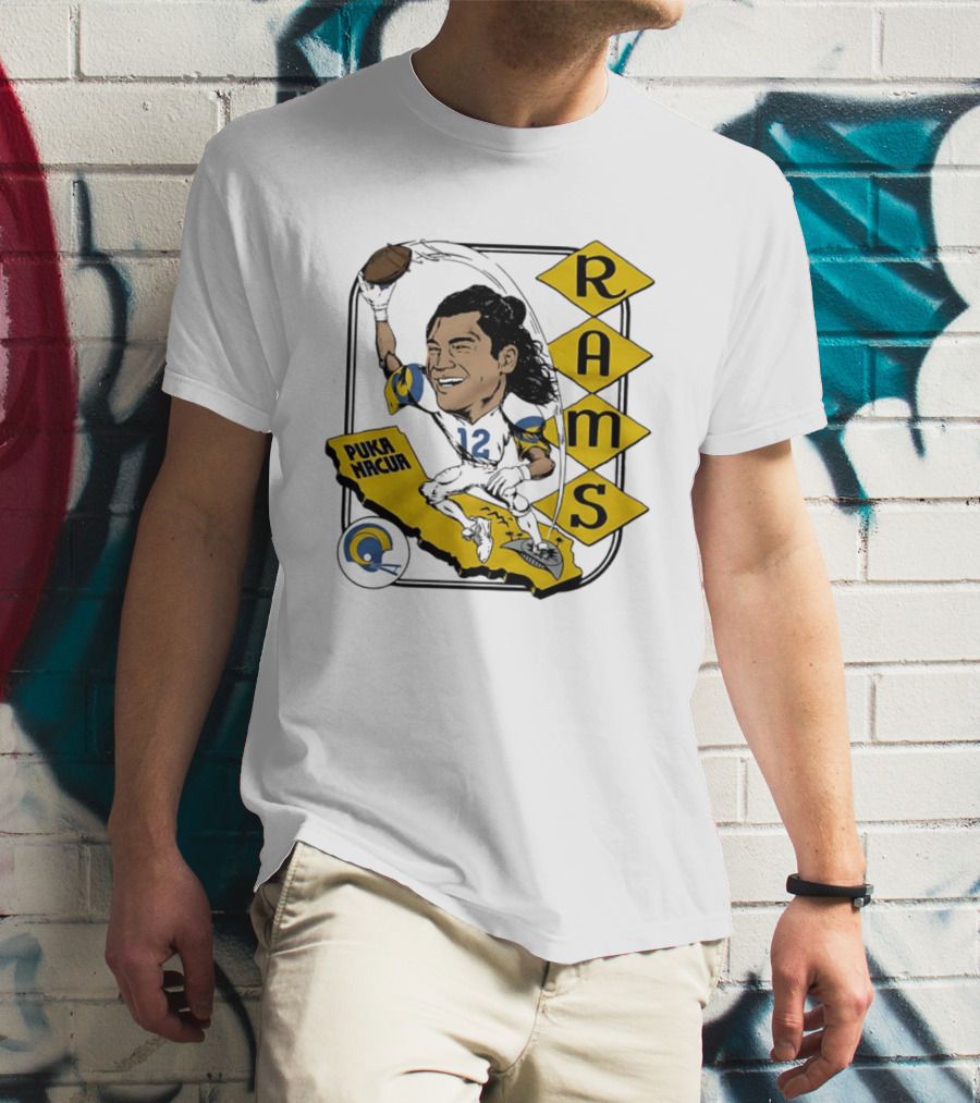 Los Angeles Rams Puka Nacua Caricature Football Player California Map T-Shirt