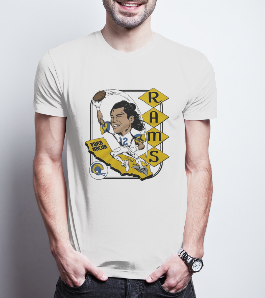 Los Angeles Rams Puka Nacua Caricature Football Player California Map T-Shirt