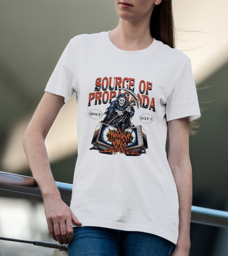 Source Of Propaganda Since Day 1 Grim Reaper Over Burning Television T-Shirt