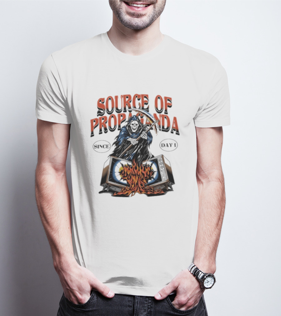 Source Of Propaganda Since Day 1 Grim Reaper Over Burning Television T-Shirt