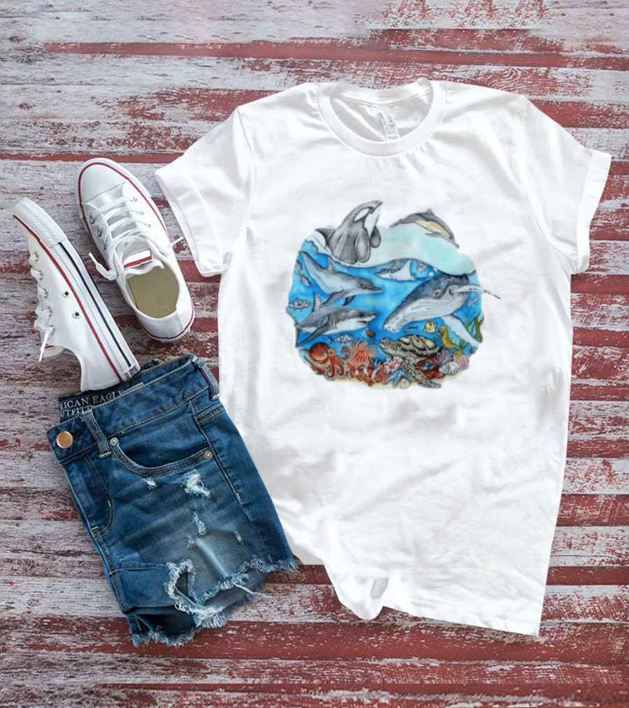 World Oceans Day Marine Life Dolphins Whales Turtles Octopus Coral Sea Animals Conservation T-Shirt