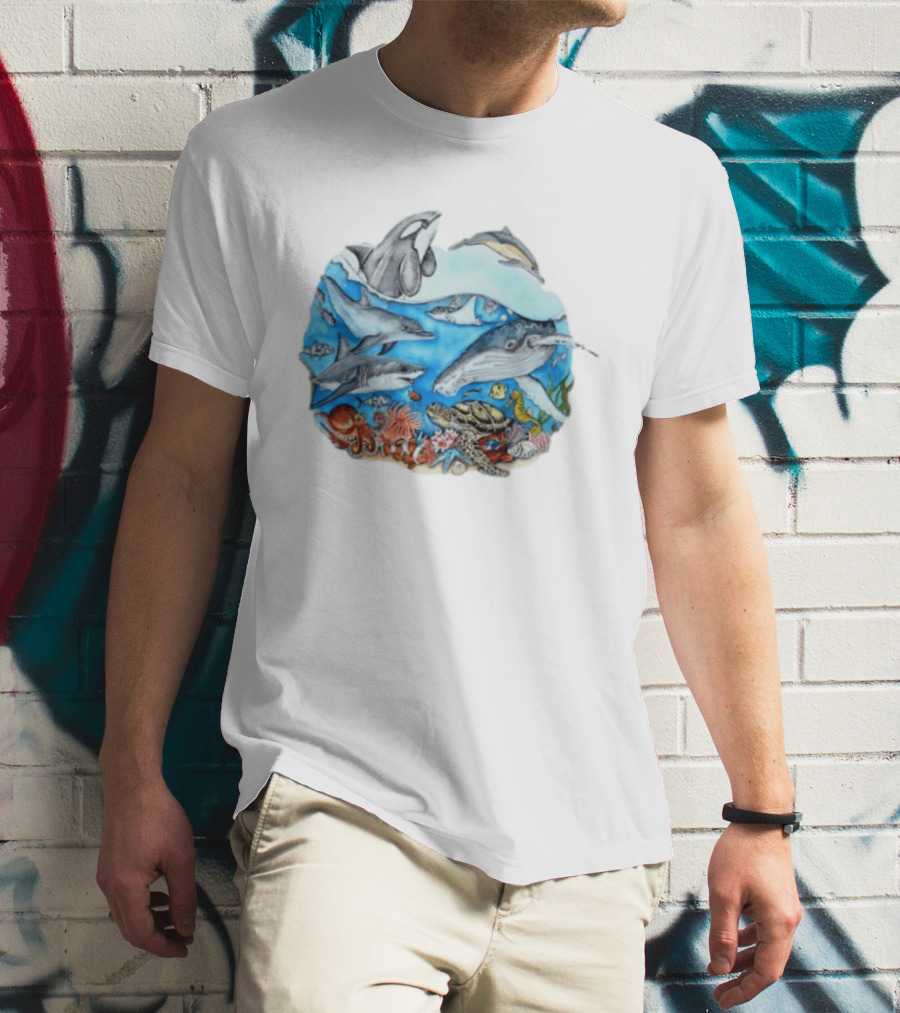 World Oceans Day Marine Life Dolphins Whales Turtles Octopus Coral Sea Animals Conservation T-Shirt