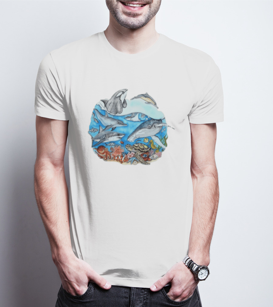 World Oceans Day Marine Life Dolphins Whales Turtles Octopus Coral Sea Animals Conservation T-Shirt