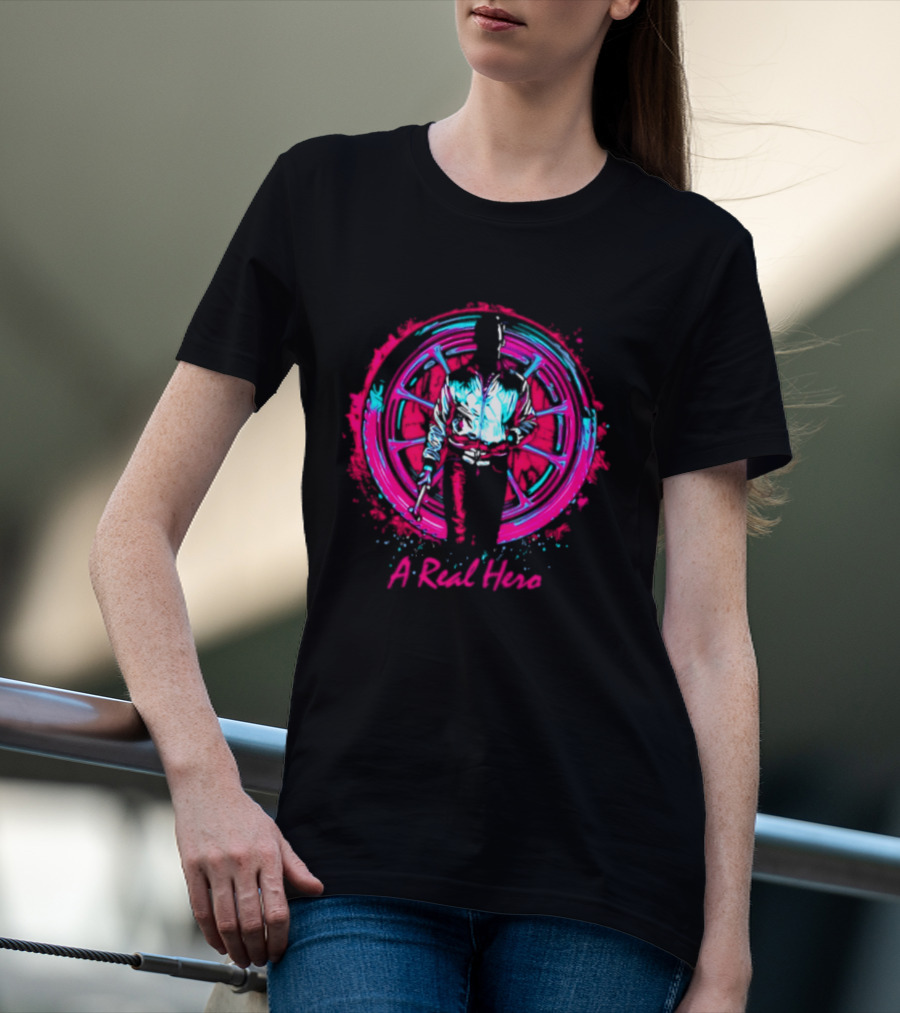 Drive Ryan Gosling Synthwave A Real Hero Wheel T-Shirt