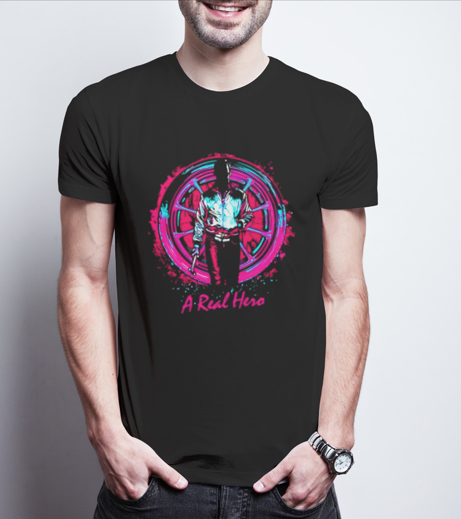 Drive Ryan Gosling Synthwave A Real Hero Wheel T-Shirt