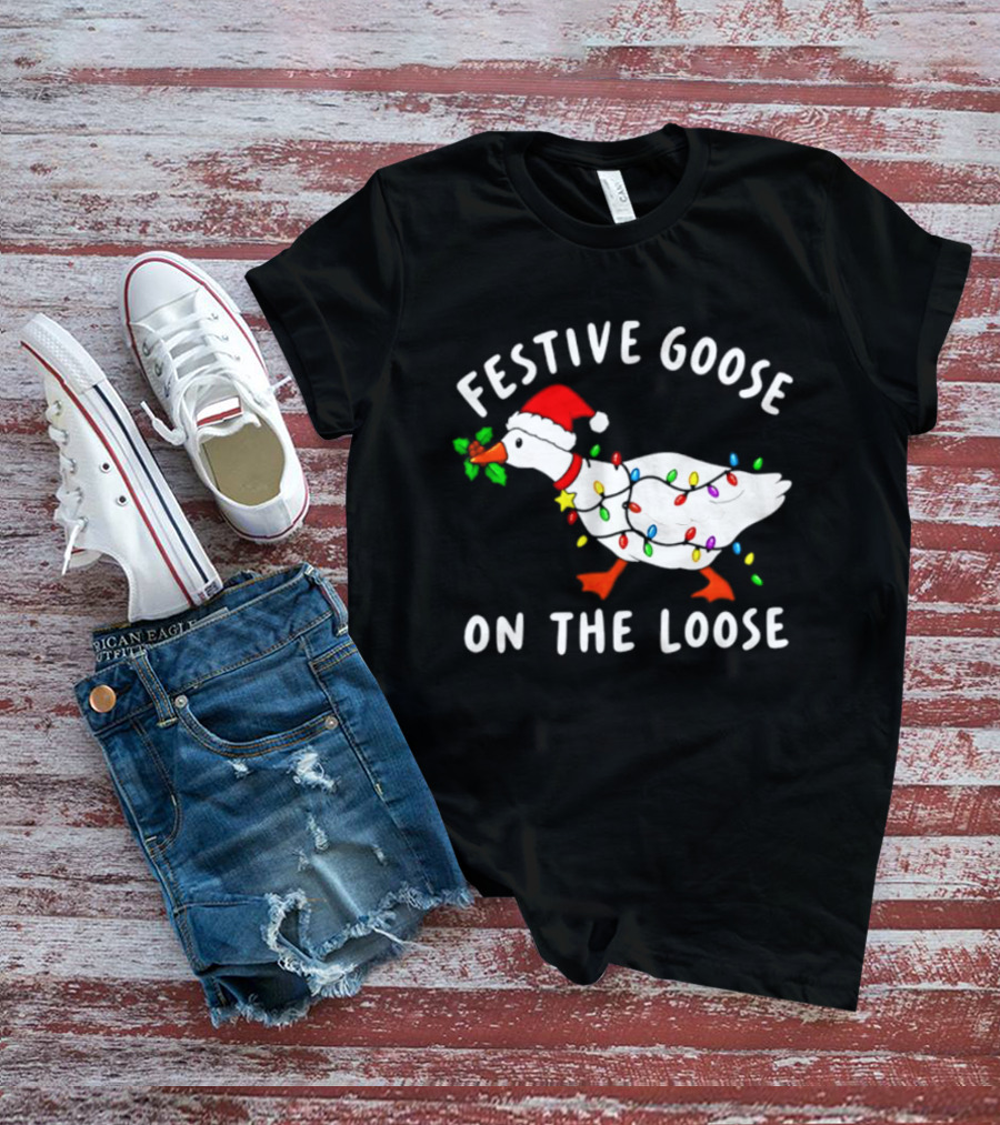 Festive Goose On The Loose With Christmas Lights And Santa Hat T-Shirt