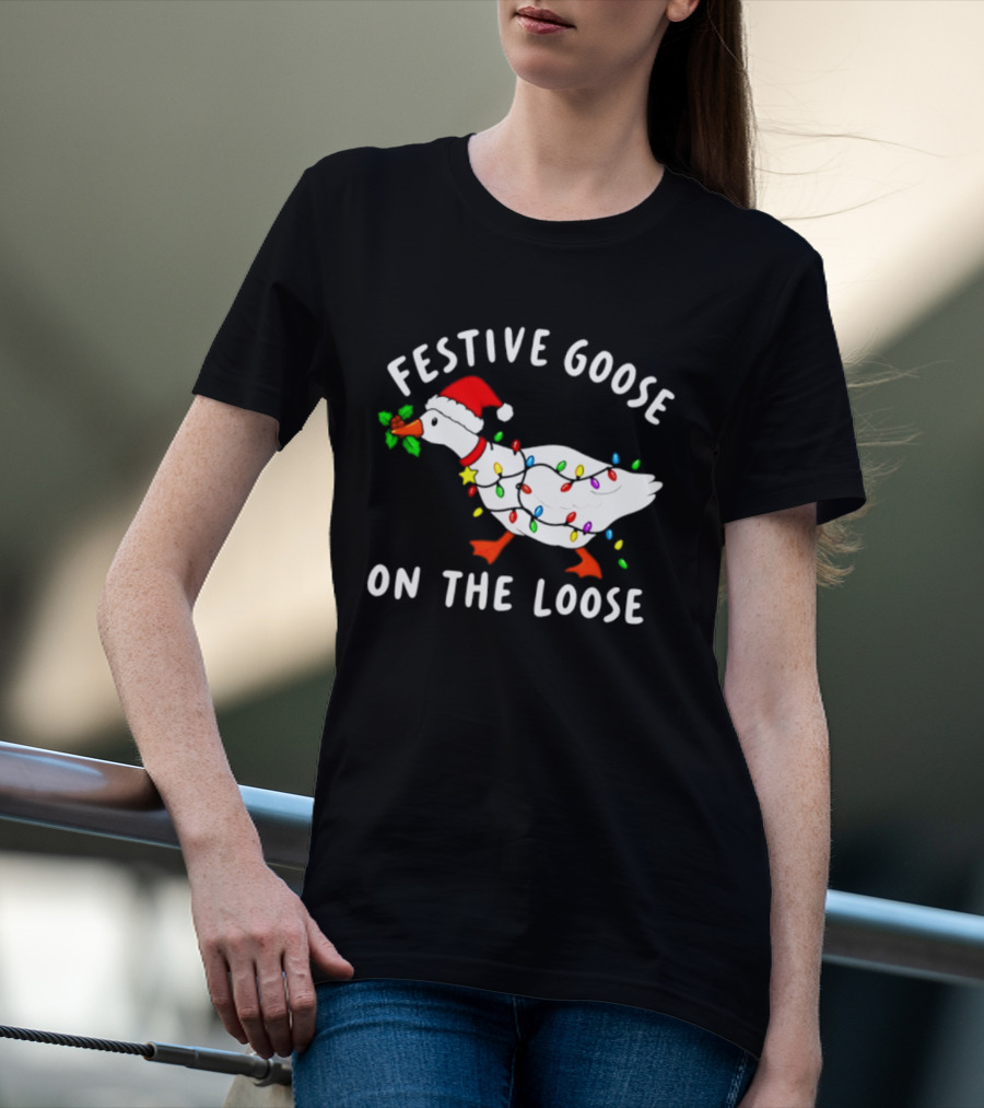Festive Goose On The Loose With Christmas Lights And Santa Hat T-Shirt