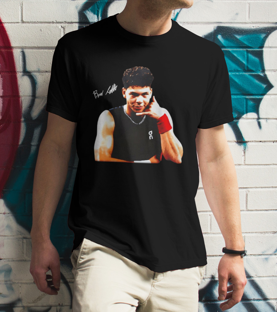 Ben Shelton Phone Gesture On Athletic Tank With Red Wristband T-Shirt
