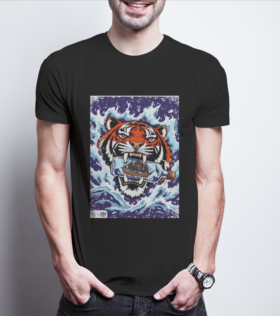 Bengals Vs Buccaneers Tiger And Pirate Ship Battle In A Bottle T-Shirt