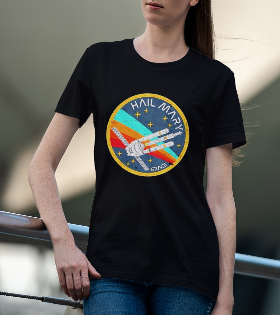 Hail Mary Grace Project Space Mission Emblem Retro Rocket T-Shirt