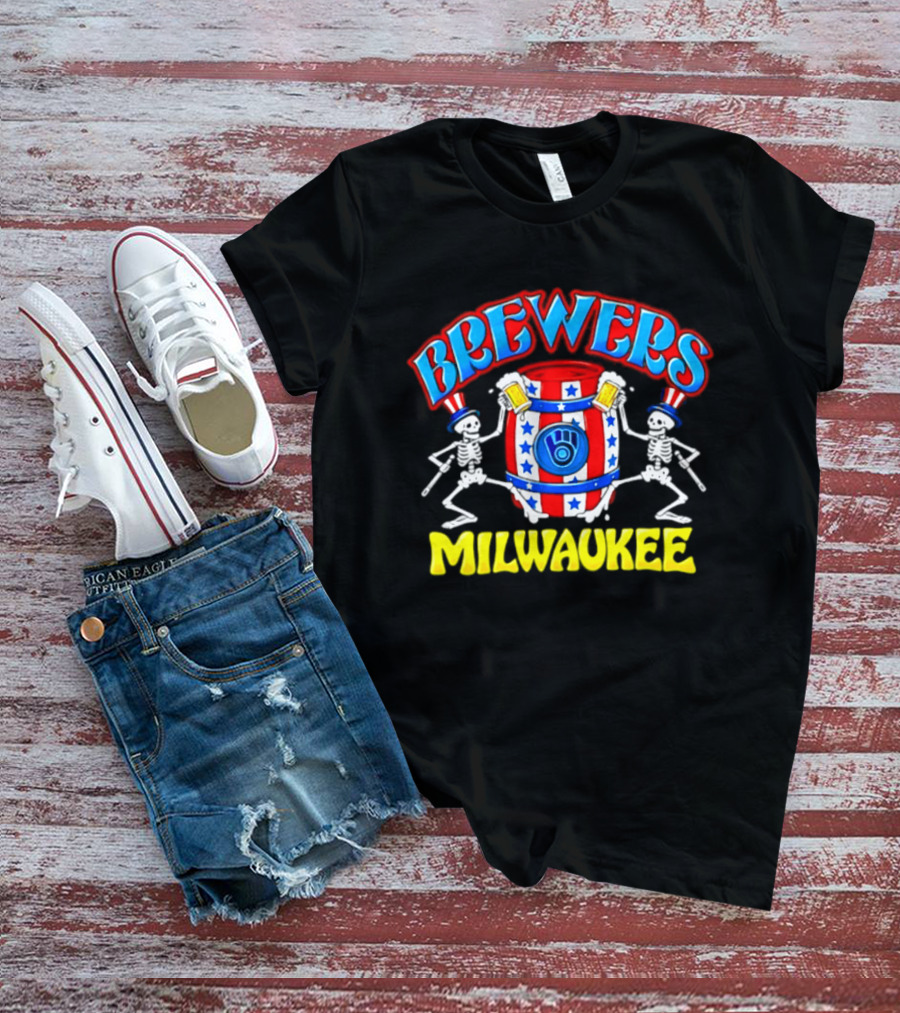 Brewers Milwaukee Skeleton Patriotic Barrel T-Shirt