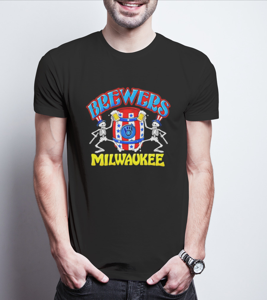 Brewers Milwaukee Skeleton Patriotic Barrel T-Shirt