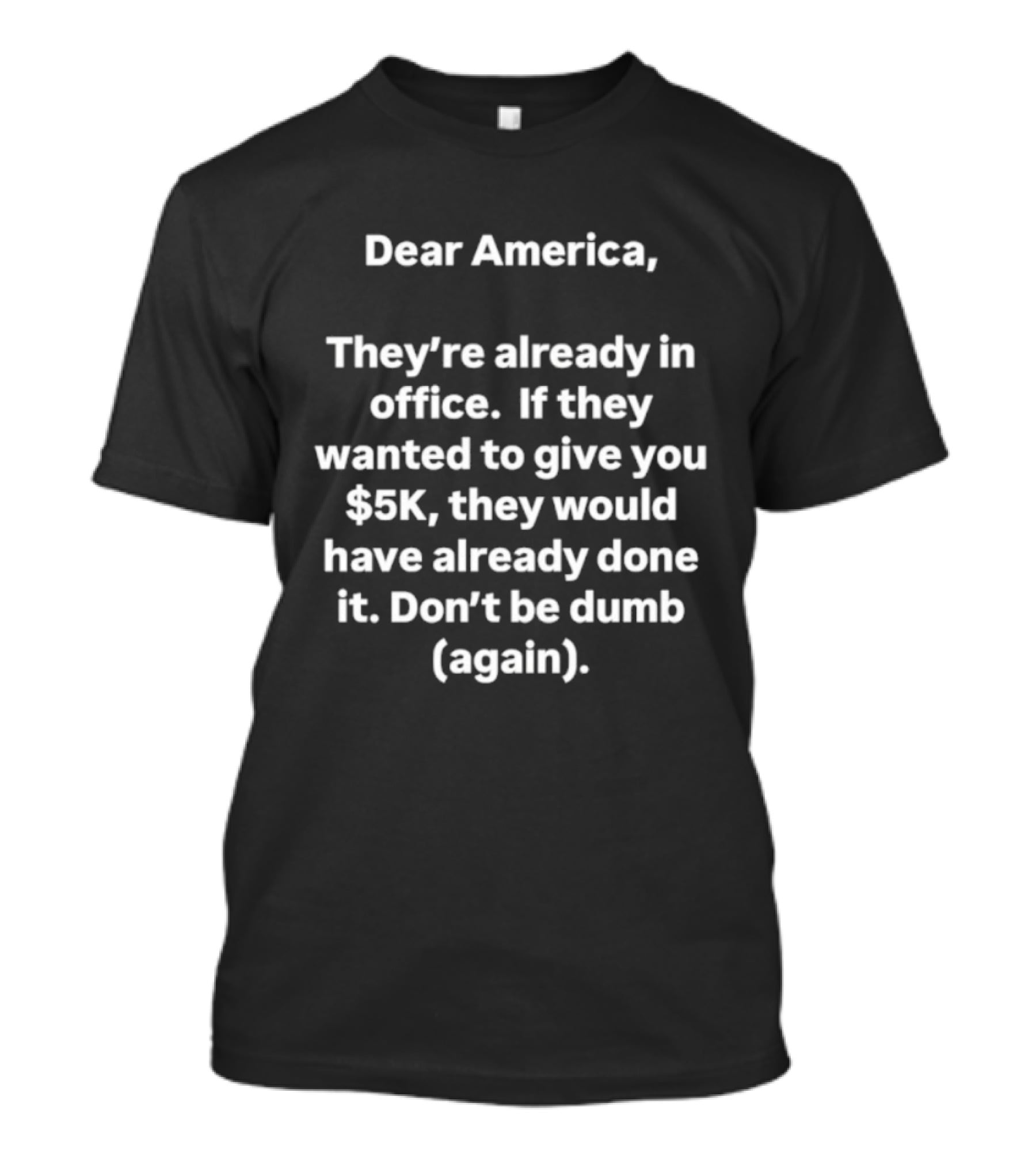 Dear America They're Already In Office If They Wanted To Give You $5K They Would Have Done It Don't Be Dumb Again T-Shirt