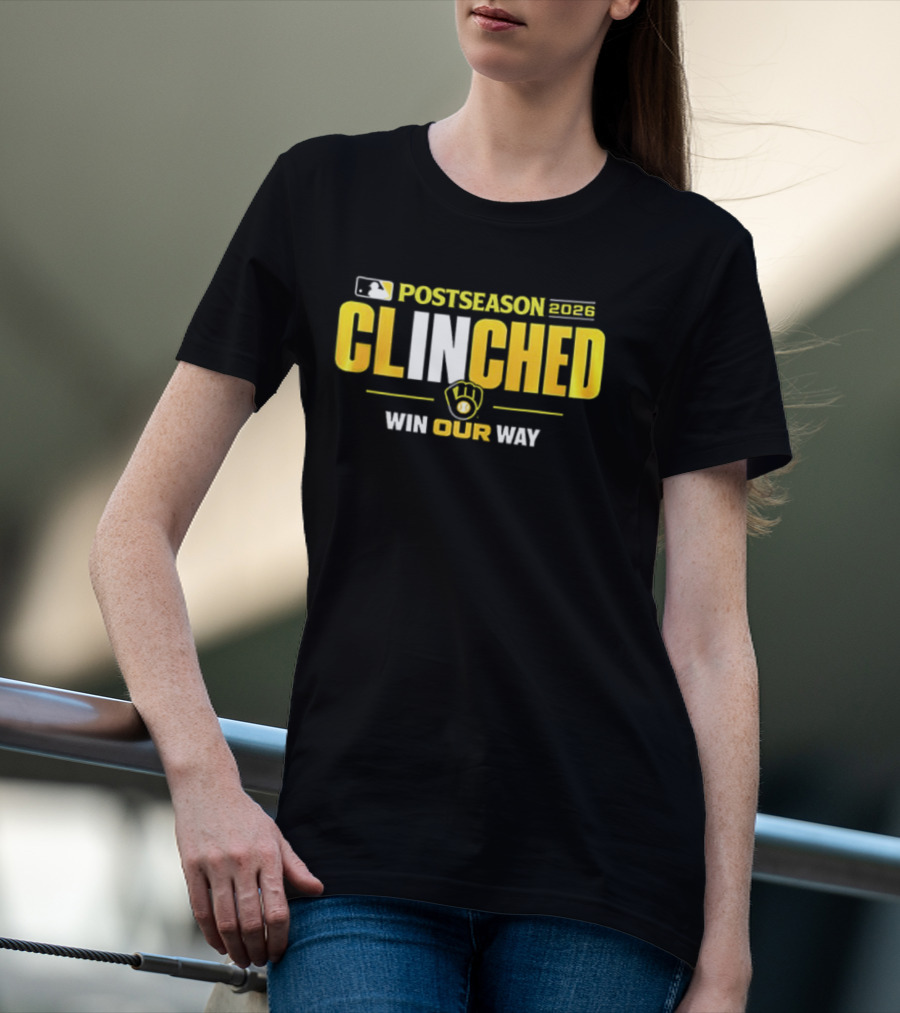 MLB Postseason 2026 Clinched Win Our Way Milwaukee Brewers Stadium Skyline T-Shirt
