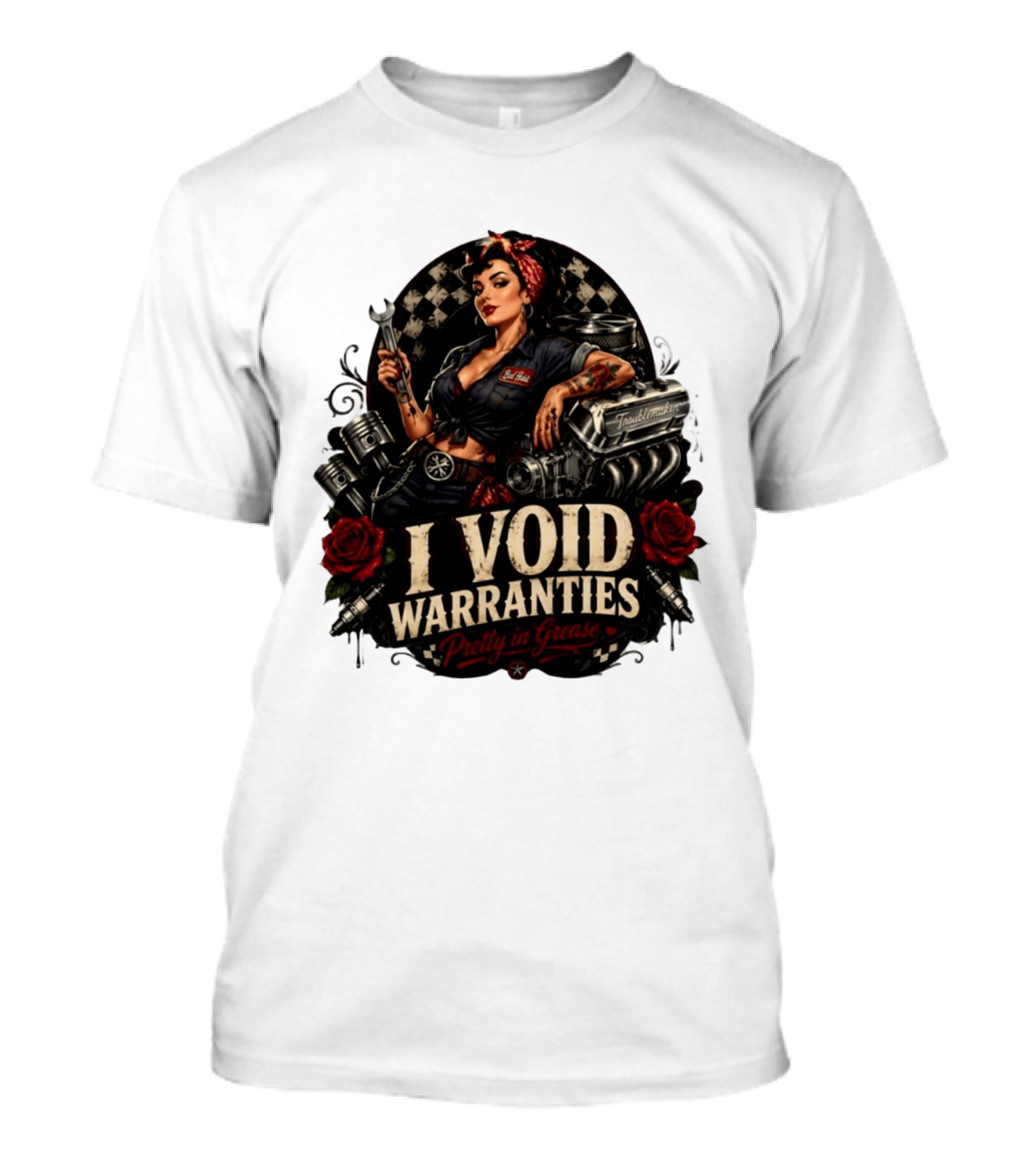 I Void Warranties Pretty In Grease Pin Up Girl Mechanic Troublemaker Engine Piston Rose Checkered T-Shirt