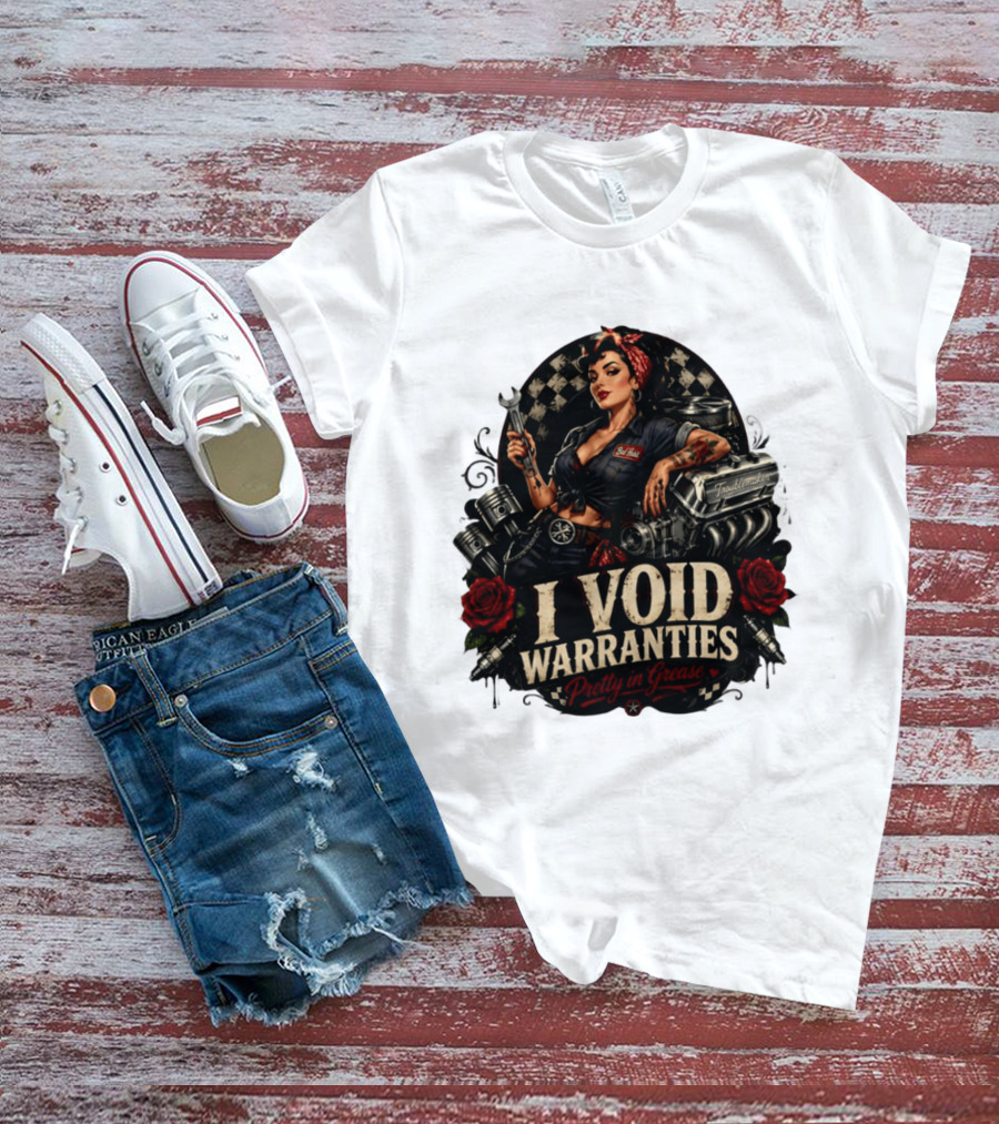 I Void Warranties Pretty In Grease Pin Up Girl Mechanic Troublemaker Engine Piston Rose Checkered T-Shirt